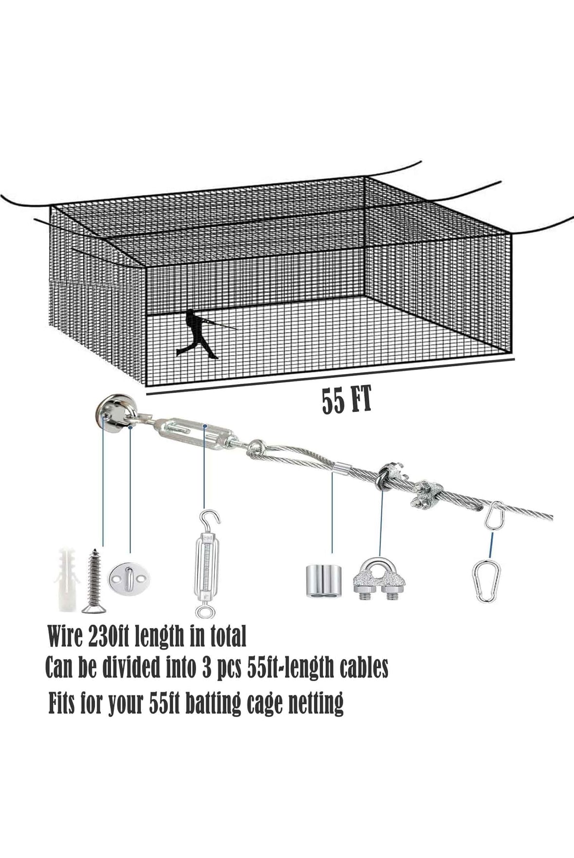 Retractable Batting Cage Netting and Cable Kit 40x12x10