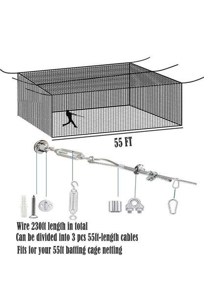 Retractable Batting Cage Netting and Cable Kit 40x12x10